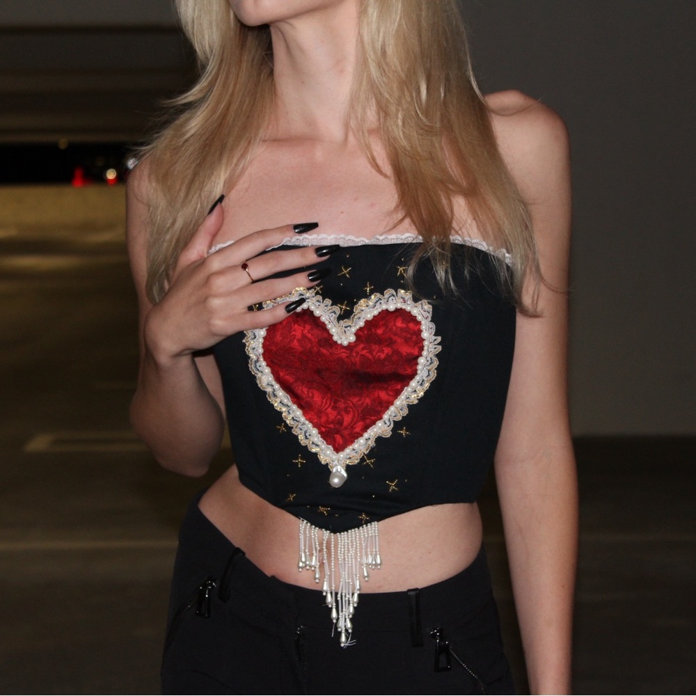 Black corset top red brocade heart with lace and pearl beaded detailing